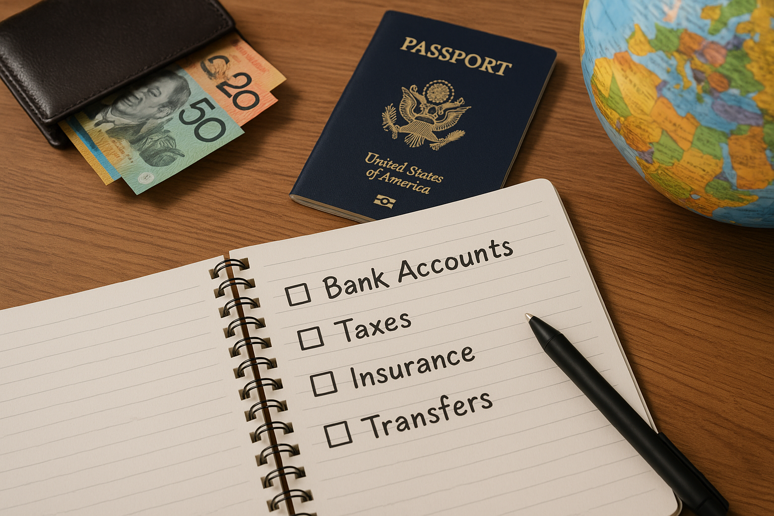 Financial items and travel essentials on desk