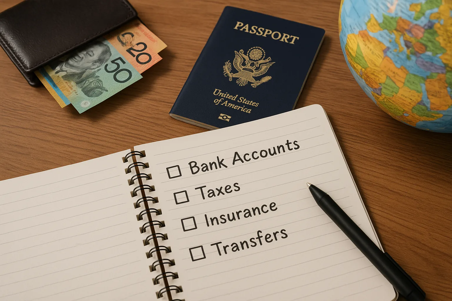 Financial items and travel essentials on desk