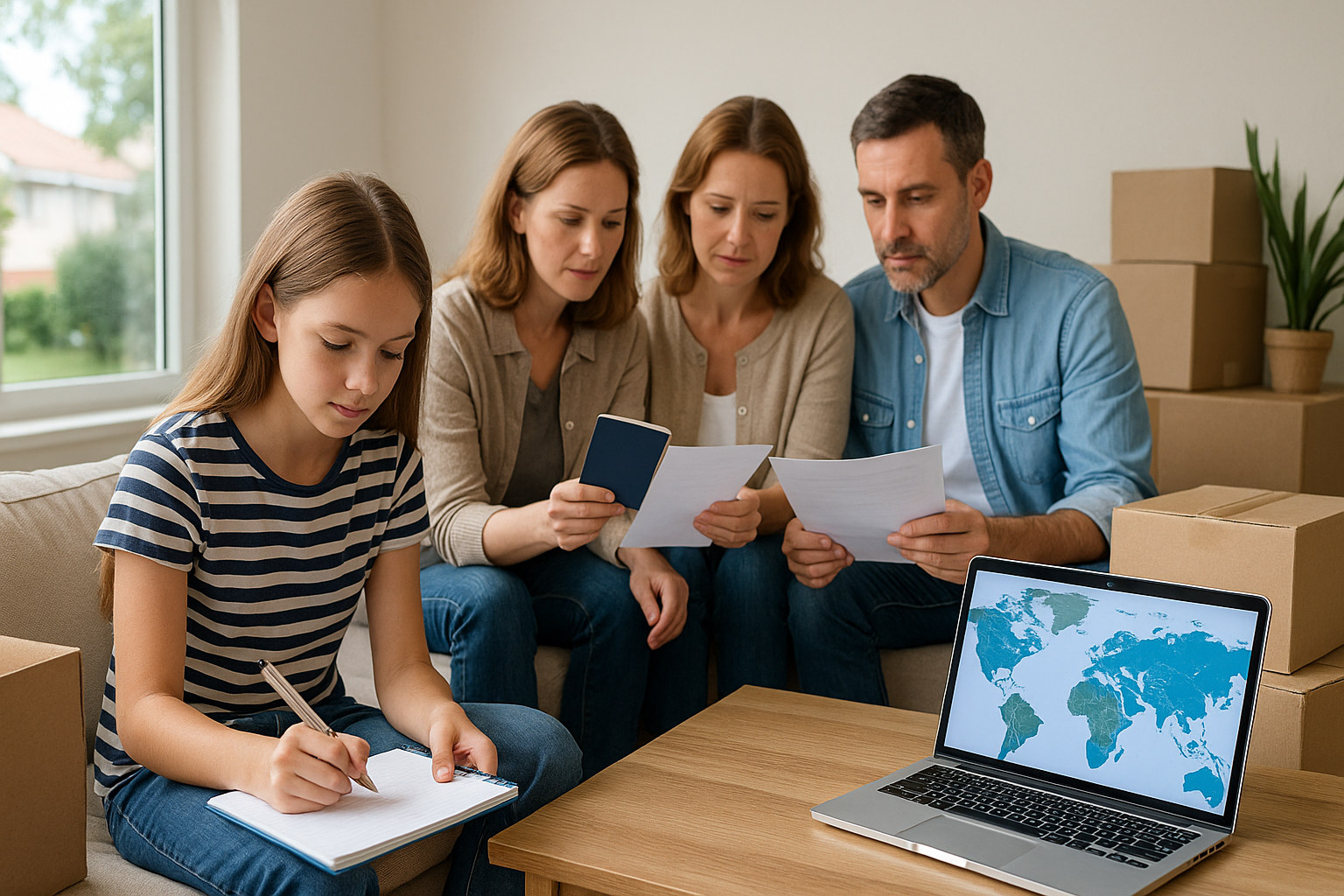 Family preparing school documents for overseas move.