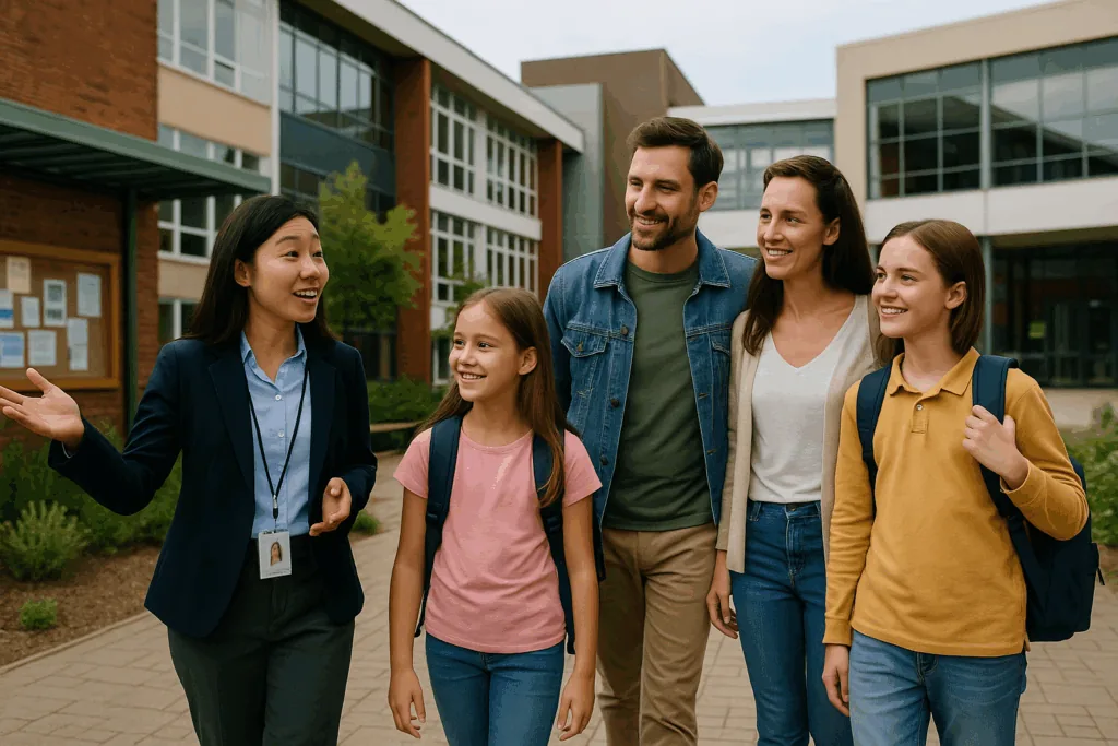 Family touring an international school campus abroad