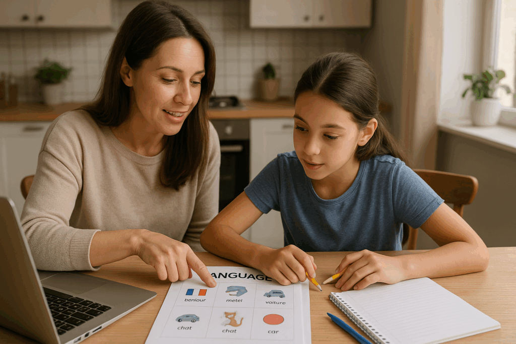 Parent helping child learn language before moving