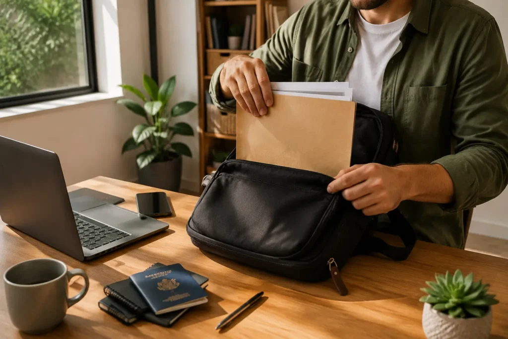 Banking documents in travel bag