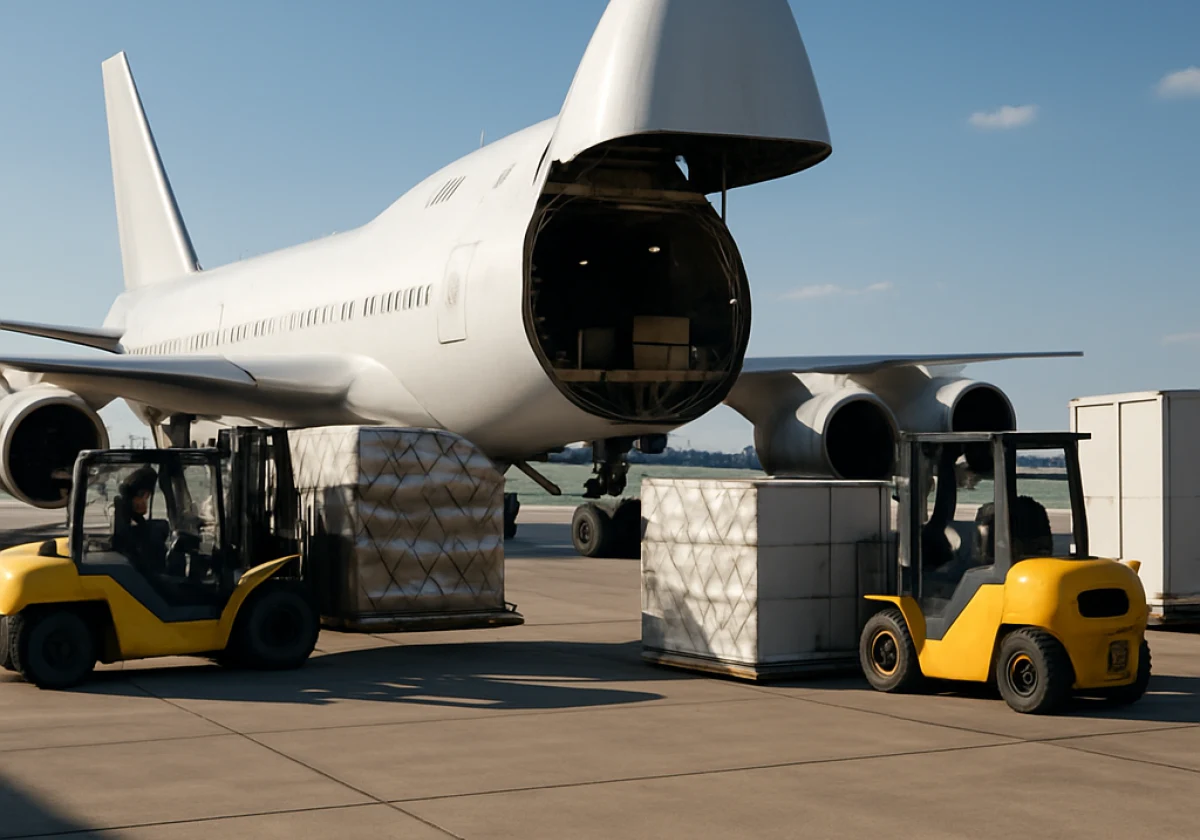 Cargo aircraft with the bay doors open as ground crews load large