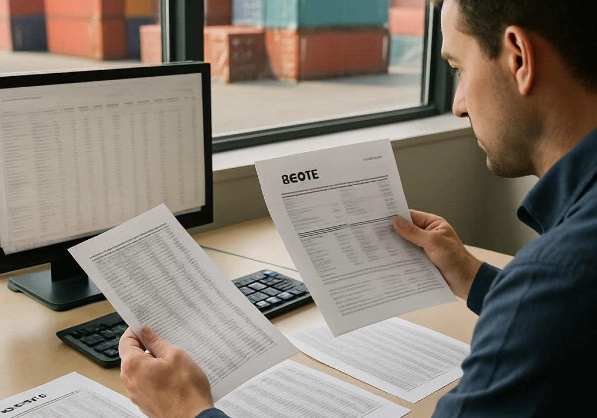 Shipping logistics office with an agent at a desk comparing multiple
